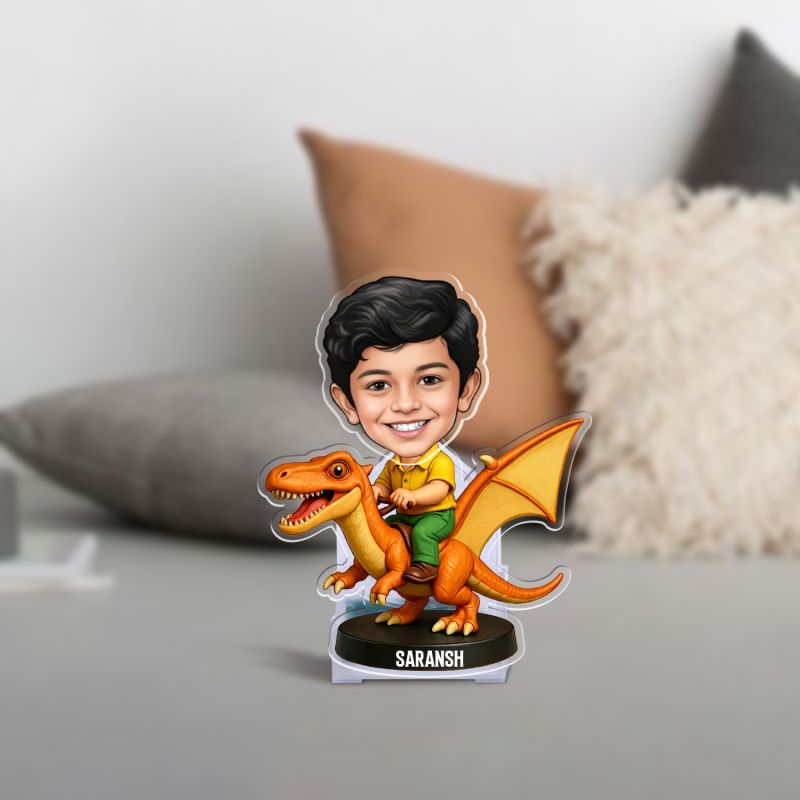 Personalized Boy on Dragon Bobblehead Caricature Standee Birthday Gift for Kids, Boys, Tabletop Desk Decor Battery Powered Moving Head Kids Room Decor